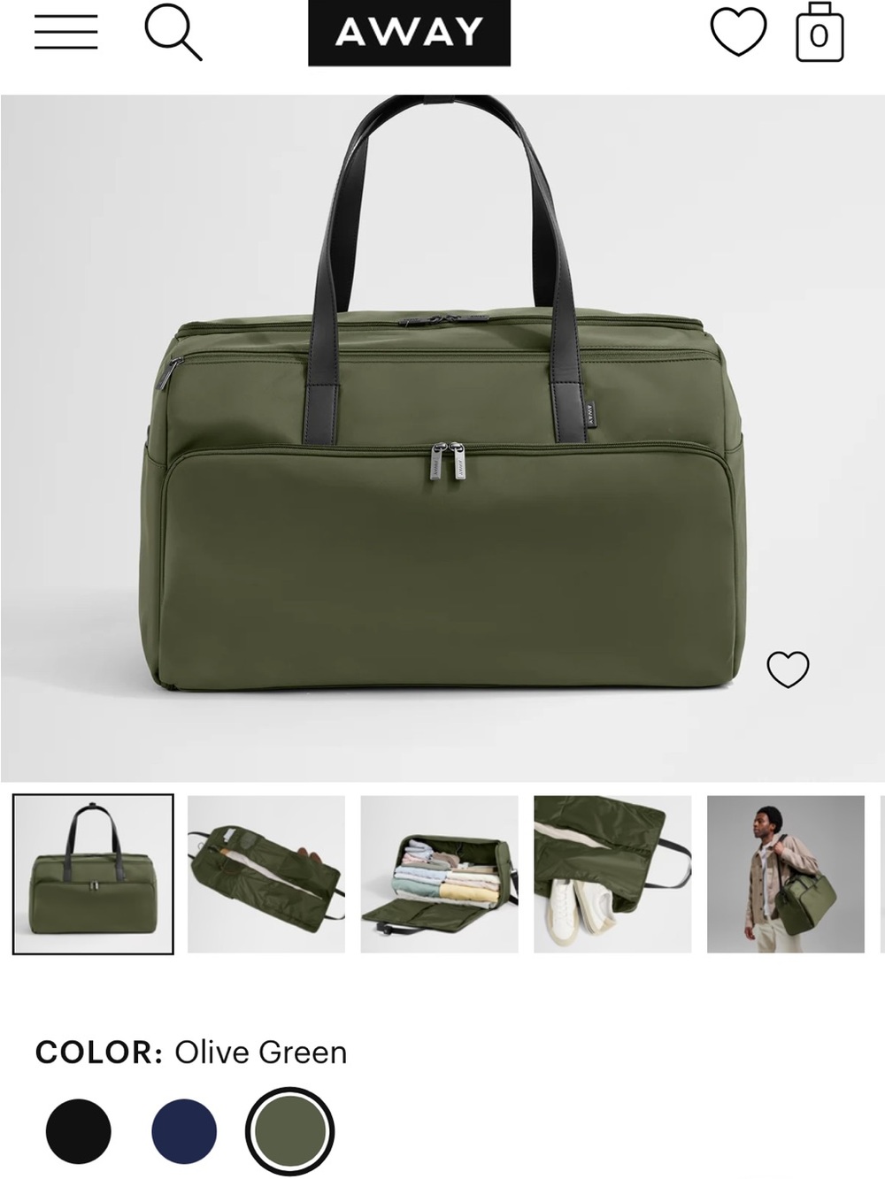Away Olive Green Garment Duffel NWT